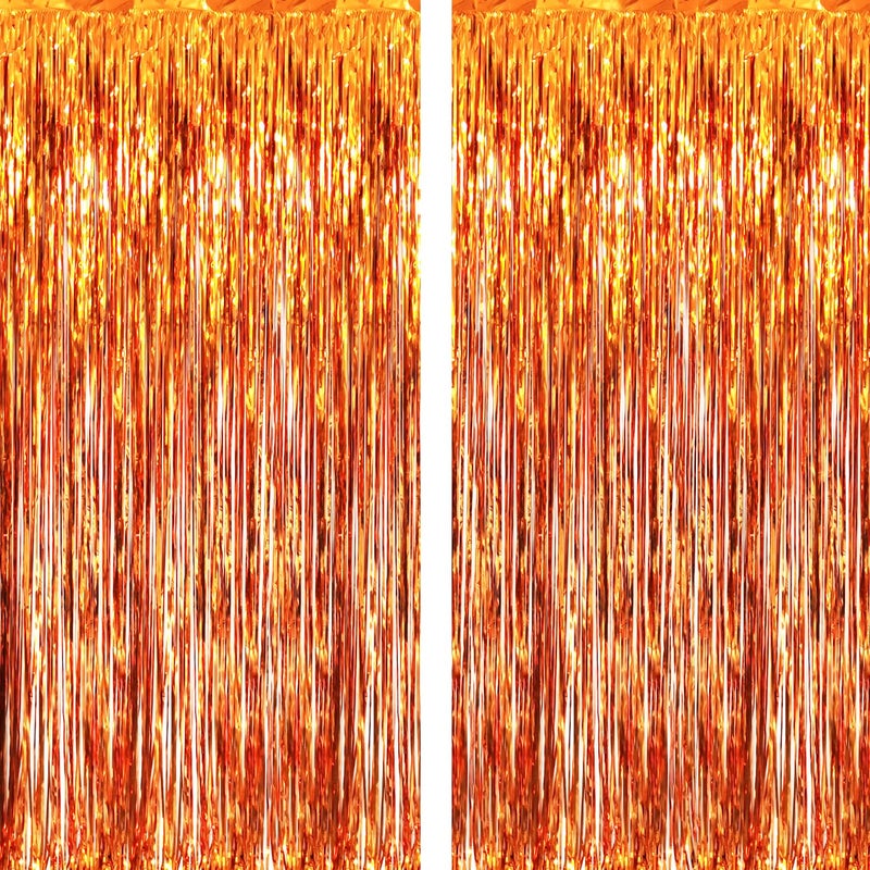 GOER 6.4 ft x 8.2 ft Metallic Tinsel Foil Fringe Curtains,Pack of 2 Party Streamer Backdrop for Birthday,Graduation Decorations and New Year Eve (Orange) - Image 1